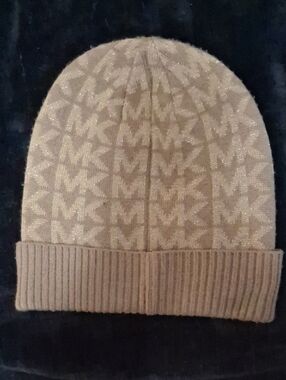 Michael Kors Tan/Beige/Gold Threading MK Logo Knit Cuff Beanie-Barely Worn, O/S